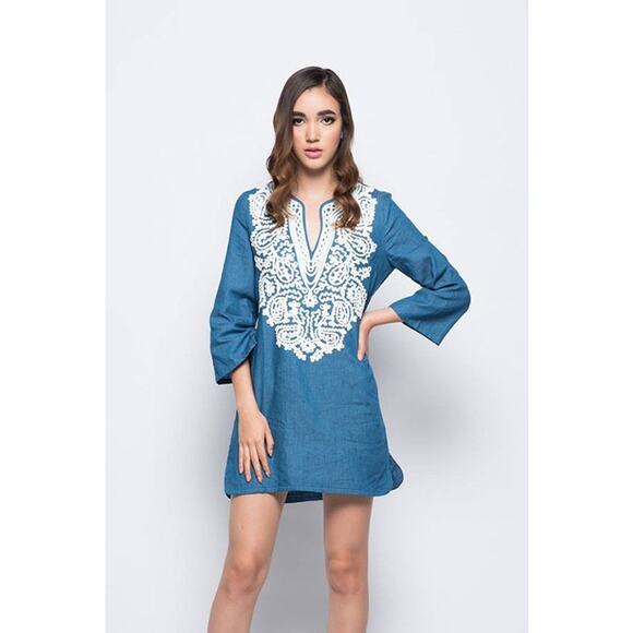 Revolve Endless Rose Blue Lace Embroidered Long Sleeve Kimono Denim Shift Dress - Picture 2 of 7